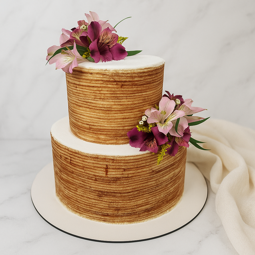 Bolo de rolo festa de dois andares decorado com flores rosadas, ideal para casamentos que buscam uma proposta elegante, leve e personalizada.